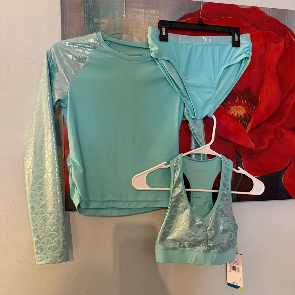 NEW Free Country Girls' Foil Mermaid Rash Guard 14 Bikini Swim 3 Piece Set $60
